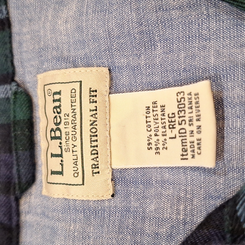 L.L. Bean Tartan Plaid Denim Flip Cuff Mens Casual Green Blue Flannel Shirt Sz L - Picture 2 of 8